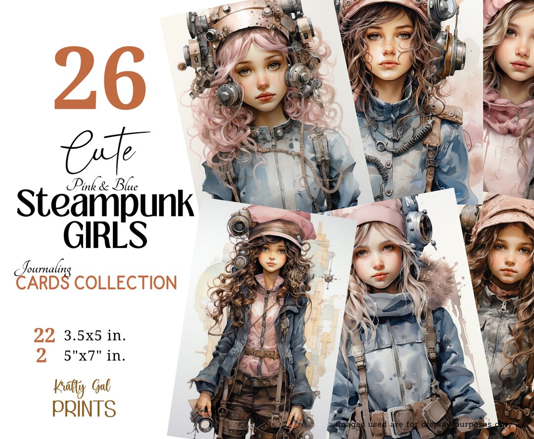 Steampunk Girls Printable Cards, Pink and Blue Watercolor Girl Junk ...