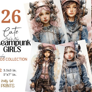 Cartões imprimíveis para meninas Steampunk, diário de meninas aquarela rosa e azul, itens efêmeros, etiquetas, scrapbooking, download digital, uso comercial