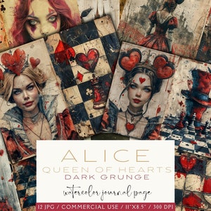 Journal indésirable d'Alice au pays des merveilles, scrapbooking Alice, éphémères, journal numérique indésirable, papiers grunge Queen of Hearts