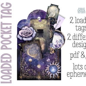 May include: Two printable pocket tags with a celestial theme. The tags feature a purple and gold colour scheme with a moon, stars, and a bottle with a cork. The text "the moon" is visible on one of the tags.