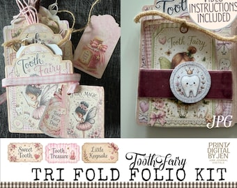 Tooth Fairy Tri Fold Folio Kit, Printable Junk Journal Ephemera, 7 JPG Pages