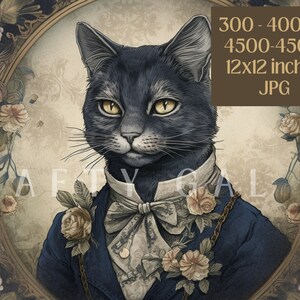 May include: A black cat wearing a blue suit with a white bow tie and floral accents. The cat is framed in a gold oval frame with floral details.