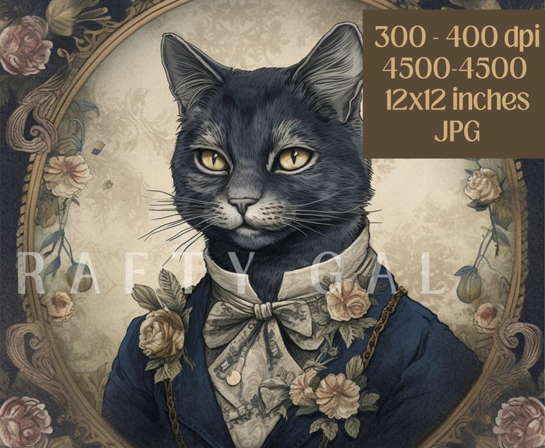 May include: A black cat wearing a blue suit with a white bow tie and floral accents. The cat is framed in a gold oval frame with floral details.