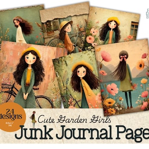 May include: A collection of "Cute Garden Girls" junk journal pages. The pages feature illustrations of girls in gardens with bicycles and flowers. The pages are 8.5" x 11" and include 24 designs.
