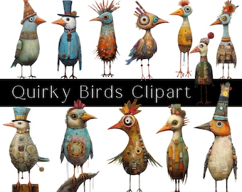 Mixed Media Whimsical Birds, Quirky Bird Graphics, Commercial Use, Whimsical Graphics, Quirky Clipart, 15 Png Elements Printable