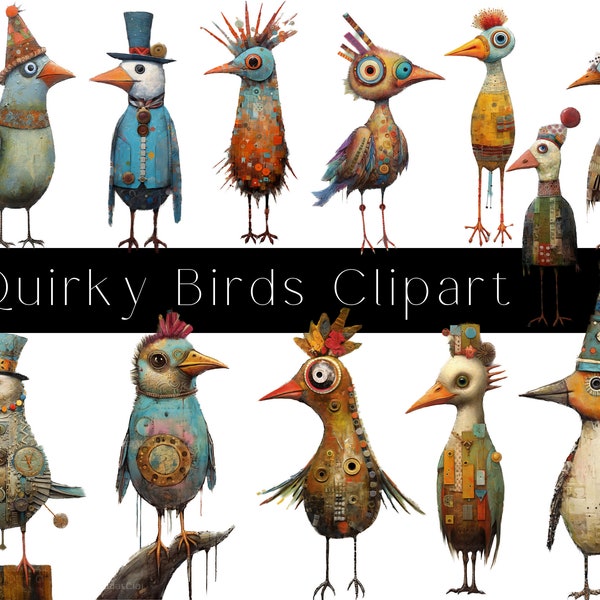 Mixed Media Whimsical Birds, Quirky Bird Graphics, Commercial Use, Whimsical Graphics, Quirky Clipart, 15 Png Elements Printable