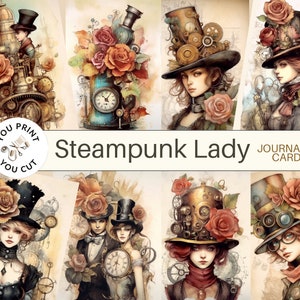 Steampunk Woman Junk Journal Cartões de itens vintage, cartões ATC vitorianos vintage, kit de diário de lixo, folha de colagem para impressão Download instantâneo