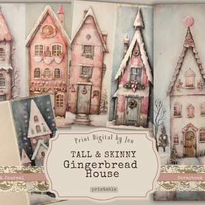 Pagine stampabili di Gingerbread House per diari spazzatura, album, biglietti, collage di tecniche miste, kit di download digitale, pagine alte e sottili