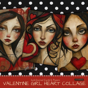 Valentine Heart Girl, papéis de diário lixo do dia dos namorados, folha de colagem de papéis digitais, coisas efêmeras imprimíveis para fazer cartões e scrapbooking