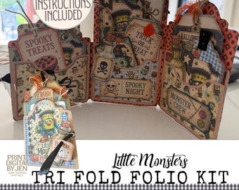 Little Monsters Tri Fold Folio Kit, 6 JPG Halloween Printable Digital Download