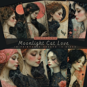 Páginas de diario basura de cuento de hadas de Chica de la noche iluminada por la luna, Efímero imprimible para álbumes de recortes y creación de tarjetas, Gato negro, Fantasía lunar, Tarjetas atc