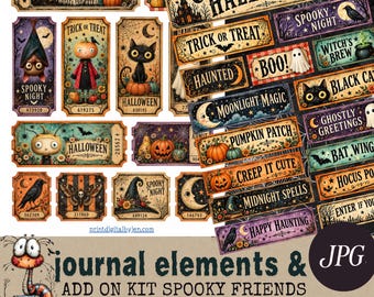 Spooky Friends Halloween Journal Elements, Printable Ephemera Add On Kit, 6 JPG Pages