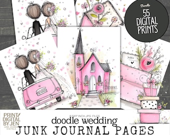 Whimsical Pink Wedding Junk Journal Pages – Doodle Ephemera (Digital Download)
