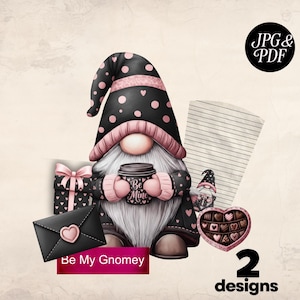 May include: A Valentine's Day-themed illustration featuring a gnome holding a coffee cup with "Be Mine" on it. The gnome wears a black hat with pink polka dots and a matching outfit. Other elements include a gift box, envelope, and heart-shaped chocolates.