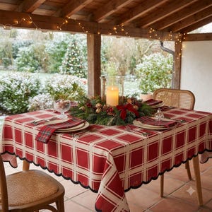 Red Plaid Tablecloth, Christmas Dining, Farmhouse Kitchen, Holiday Check Pattern, Rustic Country Style