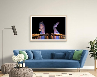 Kelpies Photography Print: Illuminated Scottish Horse Sculptures.
