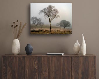Misty Morning Landscape Print: Frosty Trees, Silver Birch - Tranquil Wall Art.