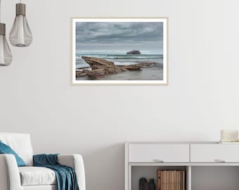 Seascape Photography Print, Coastal Wall Art, Two Rocks Seacliff Beach with Bass Rock Scotland,.