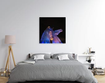 Metallic Kelpies at Night Print: Illuminated Horse Sculpture Art