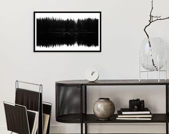 Monochrome Swan Lake Reflection Print: Tranquil Black and White Photography.