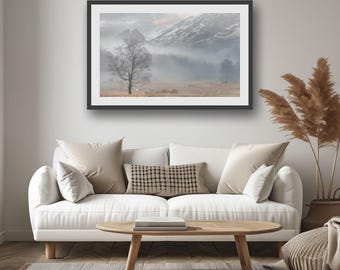 Misty Mountain Landscape Print: Serene Lake District Nature Art