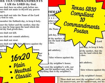 16×20 Ten Commandments Classroom Poster - 3 Design Options for Texas SB10 Law Compliance - Plain Text | Neutral | Parchment Style