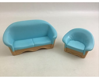 Fisher Price Loving Family Dream Dollhouse 1993 Sofa And Chair Turquoise Tan 2pc