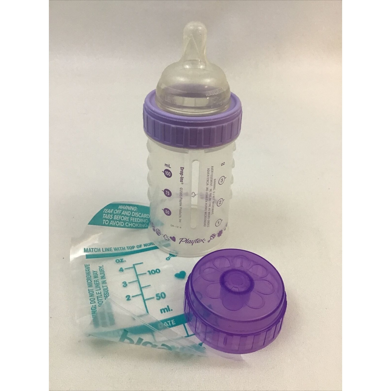 Playtex Baby Bottle Purple Design Drop Ins Ounce Nipple Cap Bag