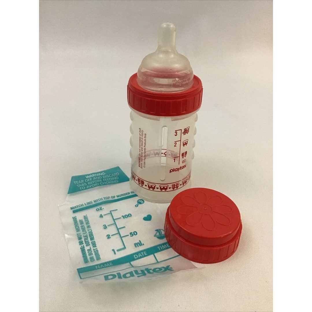 Playtex Baby Bottle Red Design Drop Ins Ounce Nipple Cap Bag Vintage 1994 