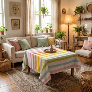 Colorful Striped Tablecloth Pink Yellow Green Rectangle Table Cover Party Kitchen Decor Table Embroidery WillowTablecloth