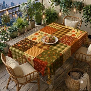 Puede incluir: Un mantel rectangular con un diseño de patchwork de motivos otoñales, que incluye calabazas, hojas de otoño y cuadros en tonos naranja, verde y marrón. Un cuenco de cerámica blanca lleno de manzanas frescas se encuentra en el centro.