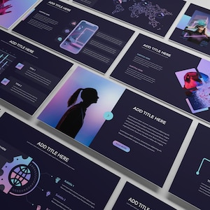 May include: A series of dark blue presentation slides with a futuristic design. Each slide displays graphics, charts, and text boxes with the words "ADD TITLE HERE". The colour scheme incorporates blues, purples, and pinks.