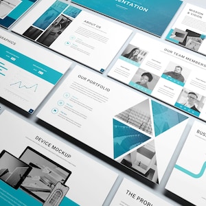 May include: A collection of business presentation slides with a modern design. The slides feature a white background with teal and navy blue accents. Graphics include charts, graphs, and device mockups. Text includes "Data Infographics", "About Us", and "Our Team Members".