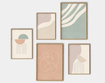 Boho Gallery Wall Art Set, Minimalist Mid Century Modern Wall Decor, Coral Pink Green Abstract Set Of 5 Prints| Digital Download