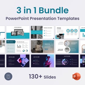 May include: A PowerPoint presentation template bundle with the text "3 in 1 Bundle" and "PowerPoint Presentation Templates." The slides feature infographics, device mockups, and data visualizations. The image also includes the text "130+ slides."
