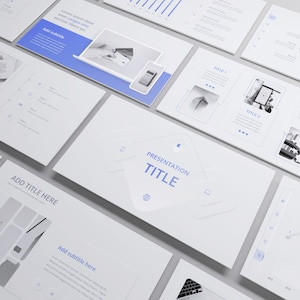 May include: A collection of white presentation slides with blue accents. The slides feature text, charts, and images, including a laptop, smartphone, and calculator. The central slide reads "PRESENTATION TITLE."