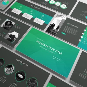 May include: A set of presentation slides with a modern design. The slides feature a gradient of green and white, with text boxes and image placeholders. The title slide reads "PRESENTATION TITLE" and "ADD YOUR SUBTITLE".