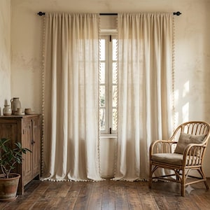 Natural Linen Curtains 84 Inch, Rustic Farmhouse Window Drapes, Semi Sheer Neutral Curtains, Country Living Room Decor, 1 Panel