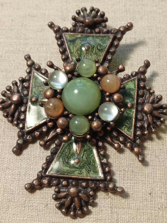 Large Maltese Style Copper Color and Enamel Cross… - image 2