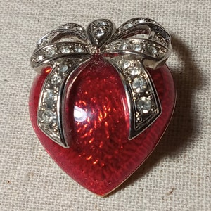 Vintage PCI Guilloche Enamel Red Heart Brooch with Bow