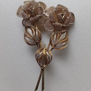 Vintage Gilded Spun Silver Cannetille Floral Brooch  -Antique Gold Washed Vermeil Brooch Pin