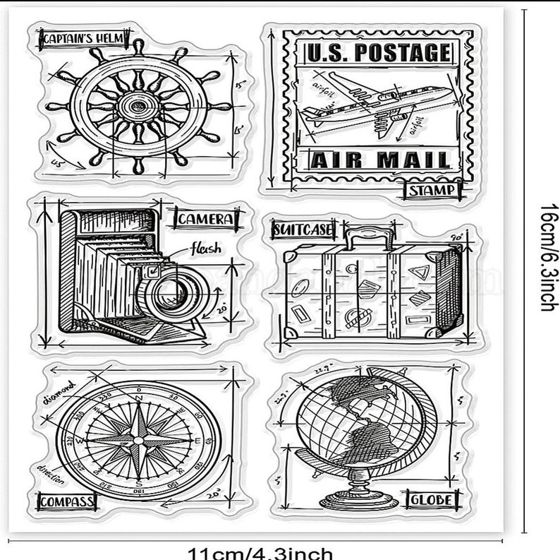 Clear Silicone Stamps ~ Travel Set ~ Compass, Camera, Suitcase, Postage ...