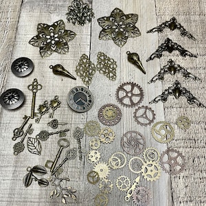 Steampunk Metal embellishment assortment in antique bronze ~ metal gears, cogs, skeleton keys, masks, and filigree ~ NEW PIECES