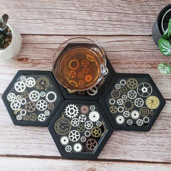 Steampunk resin coasters set | hex shaped coasters - Wooden sealed resin coasters with gears - Steam punk gothic gift