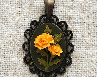 Marigold Polymer Clay Flower Necklace: Vintage October Birth Flower Jewelry Pendant