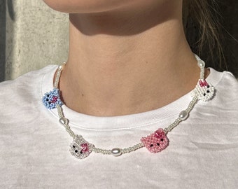 Kitty-ketting met kralen – Handgemaakte kawaii-parelchoker, verstelbare Y2K-sieraden