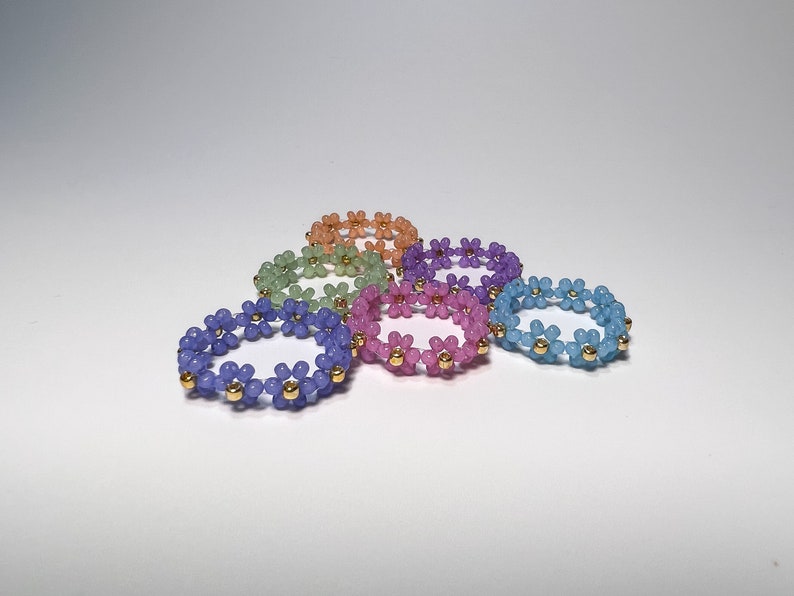 Set of 6 Seed Bead Rings Beaded Flower Rings Etsy