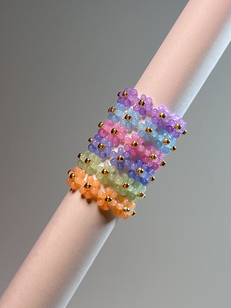 Set of 6 Seed Bead Rings Beaded Flower Rings Etsy