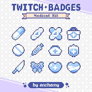 Könnte beinhalten: Pixel-Art-Twitch-Badges mit medizinischen Symbolen, darunter Pillen, Verbände, ein Erste-Hilfe-Kasten und eine Spritze. Der Text "TWITCH BADGES" und "Medical Kit" sind oben zu sehen. Der Name des Künstlers, "by enchemy", steht unten.