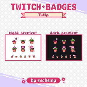 Op de afbeelding: Een set Twitch-chatbadges met een pixel art-tulpen in verschillende stadia van groei. De badges worden weergegeven op een lichte en donkere achtergrond. De tekst "Twitch + Badges" en "Tulip" wordt bovenaan de afbeelding weergegeven. De tekst "by enchemy" wordt onderaan de afbeelding weergegeven.